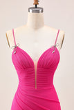 Fuchsia Bodycon Ruched Homecoming Dress with Slit