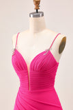 Fuchsia Bodycon Ruched Homecoming Dress with Slit