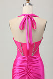 Fuchsia Bodycon Halter Backless Satin Homecoming Dress with Rhinestones