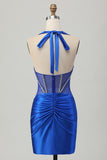 Fuchsia Bodycon Halter Backless Satin Homecoming Dress with Rhinestones