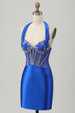 Fuchsia Bodycon Halter Backless Satin Homecoming Dress with Rhinestones