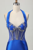 Fuchsia Bodycon Halter Backless Satin Homecoming Dress with Rhinestones