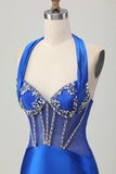 Fuchsia Bodycon Halter Backless Satin Homecoming Dress with Rhinestones