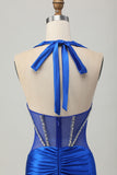 Fuchsia Bodycon Halter Backless Satin Homecoming Dress with Rhinestones