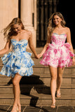 A-line White Blue Flower Strapless Corset Tiered Short Homecoming Dress with Sequins
