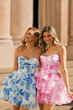 White Blue Flower A-line Strapless Corset Tiered Short Homecoming Dress with Sequins