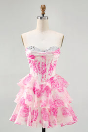 Pink Flower Strapless Corset Printed Homecoming Dress with Sequins