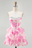 White Blue Flower A-line Strapless Corset Tiered Short Homecoming Dress with Sequins