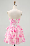 White Blue Flower A-line Strapless Corset Tiered Short Homecoming Dress with Sequins