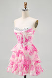 White Blue Flower A-line Strapless Corset Tiered Short Homecoming Dress with Sequins