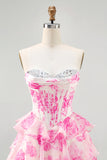 White Blue Flower A-line Strapless Corset Tiered Short Homecoming Dress with Sequins