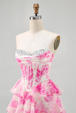 White Blue Flower A-line Strapless Corset Tiered Short Homecoming Dress with Sequins