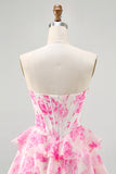 White Blue Flower A-line Strapless Corset Tiered Short Homecoming Dress with Sequins