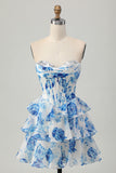 White Blue Flower A-line Strapless Corset Tiered Short Homecoming Dress with Sequins