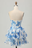 Pink Flower Strapless Corset Printed Homecoming Dress with Sequins