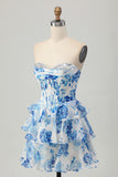 Pink Flower Strapless Corset Printed Homecoming Dress with Sequins