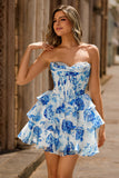 Pink Floral A-Line Strapless Corset Homecoming Dress with Sequins