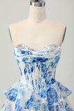 White Blue Flower A-line Strapless Corset Tiered Short Homecoming Dress with Sequins