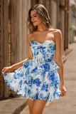 Pink Floral A-Line Strapless Corset Homecoming Dress with Sequins