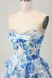 White Blue Flower A-line Strapless Corset Tiered Short Homecoming Dress with Sequins
