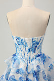 White Blue Flower A-line Strapless Corset Tiered Short Homecoming Dress with Sequins