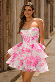White Blue Floral A Line Strapless Corset Tiered Short Homecoming Dress