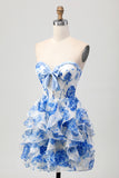White Blue Floral A-line Strapless Ruffle Cut Out Homecoming Dress with Bow
