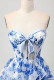 White Blue Floral A-line Strapless Ruffle Cut Out Homecoming Dress with Bow