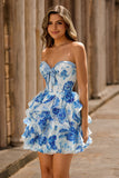White Blue Floral Strapless A Line Corset Cut Out Homecoming Dress with Bow