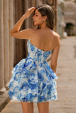 White Blue Floral Strapless A Line Corset Cut Out Homecoming Dress with Bow