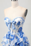 White Blue Floral A-line Strapless Ruffle Cut Out Homecoming Dress with Bow