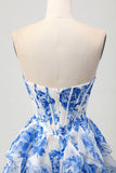 White Blue Floral A-line Strapless Ruffle Cut Out Homecoming Dress with Bow