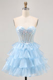 Tiered Sequin Blue Strapless Corset Homecoming Dress