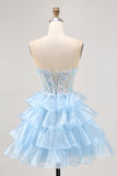Tiered Sequin Blue Strapless Corset Homecoming Dress