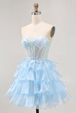 Tiered Sequin Blue Strapless Corset Homecoming Dress