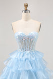 Tiered Sequin Blue Strapless Corset Homecoming Dress