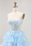 Tiered Sequin Blue Strapless Corset Homecoming Dress