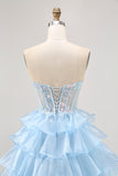 Tiered Sequin Blue Strapless Corset Homecoming Dress