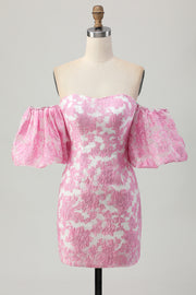 Pink Floral Off the Shoulder Homecoming Dress with Detachable Sleeves