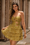 Metallic Golden Strapless Pleated Tiered Short Homecoming Dress