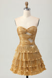 Metallic Golden Strapless Cut Out Pleated Tiered Short Homecoming Dress