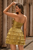 Metallic Golden Strapless Pleated Tiered Short Homecoming Dress