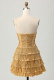 Metallic Golden Strapless Pleated Tiered Short Homecoming Dress