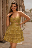 Metallic Golden Strapless Pleated Tiered Short Homecoming Dress
