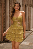 Metallic Golden Strapless Pleated Tiered Short Homecoming Dress
