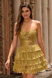 Metallic Golden Strapless Pleated Tiered Short Homecoming Dress