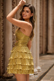 Metallic Golden Strapless Pleated Tiered Short Homecoming Dress