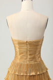 Metallic Golden Strapless Cut Out Pleated Tiered Short Homecoming Dress