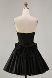 Black A-Line Strapless Beaded Short Homecoming Dress with Bow
