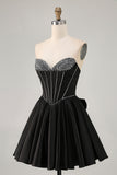 Black A-Line Strapless Beaded Short Homecoming Dress with Bow